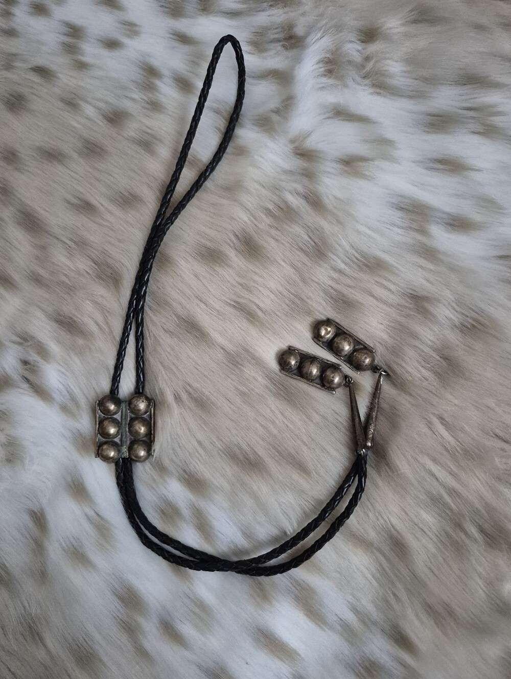 🌙VTG Mid Century Brutalist Sterling Silver Spheres Bolo Tie Bennett Pat Pend